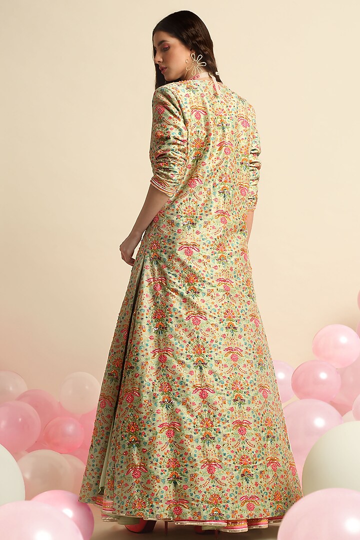 Mint Green Dupion Silk Embroidered Jacket Wedding Lehenga Set by Priyanka Jain at Pernia's Pop Up Shop