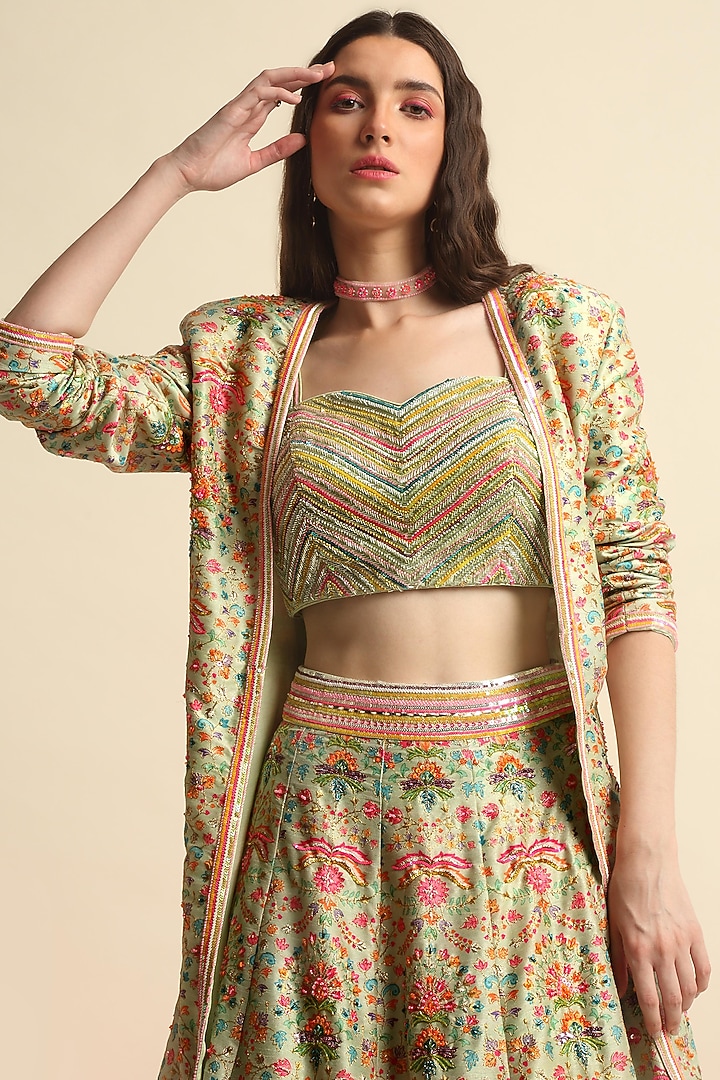 Mint Green Dupion Silk Embroidered Jacket Wedding Lehenga Set by Priyanka Jain at Pernia's Pop Up Shop