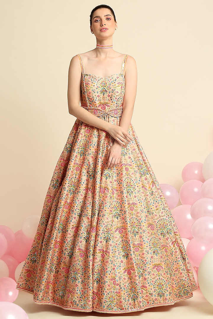 Peach Digital Printed Gown by Priyanka Jain