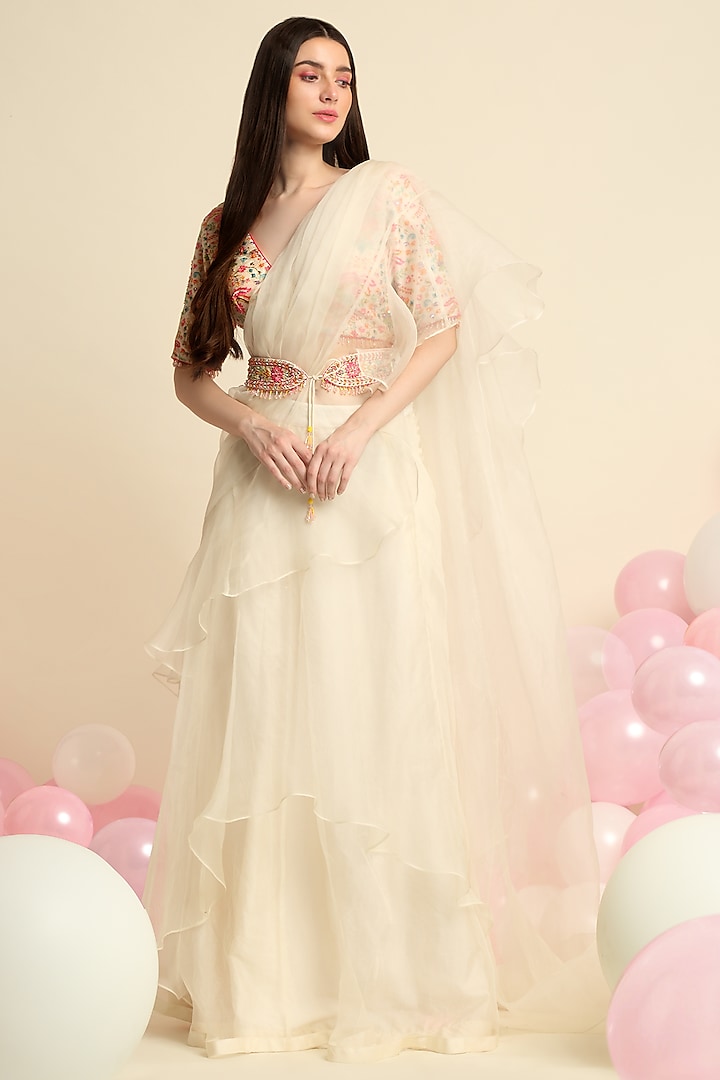 Ivory Organza Ruffled Saree Set by Priyanka Jain at Pernia's Pop Up Shop