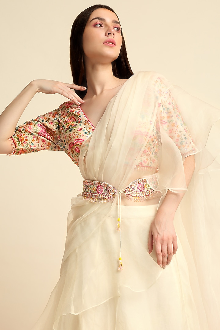 Ivory Organza Ruffled Wedding Saree Set by Priyanka Jain at Pernia's Pop Up Shop