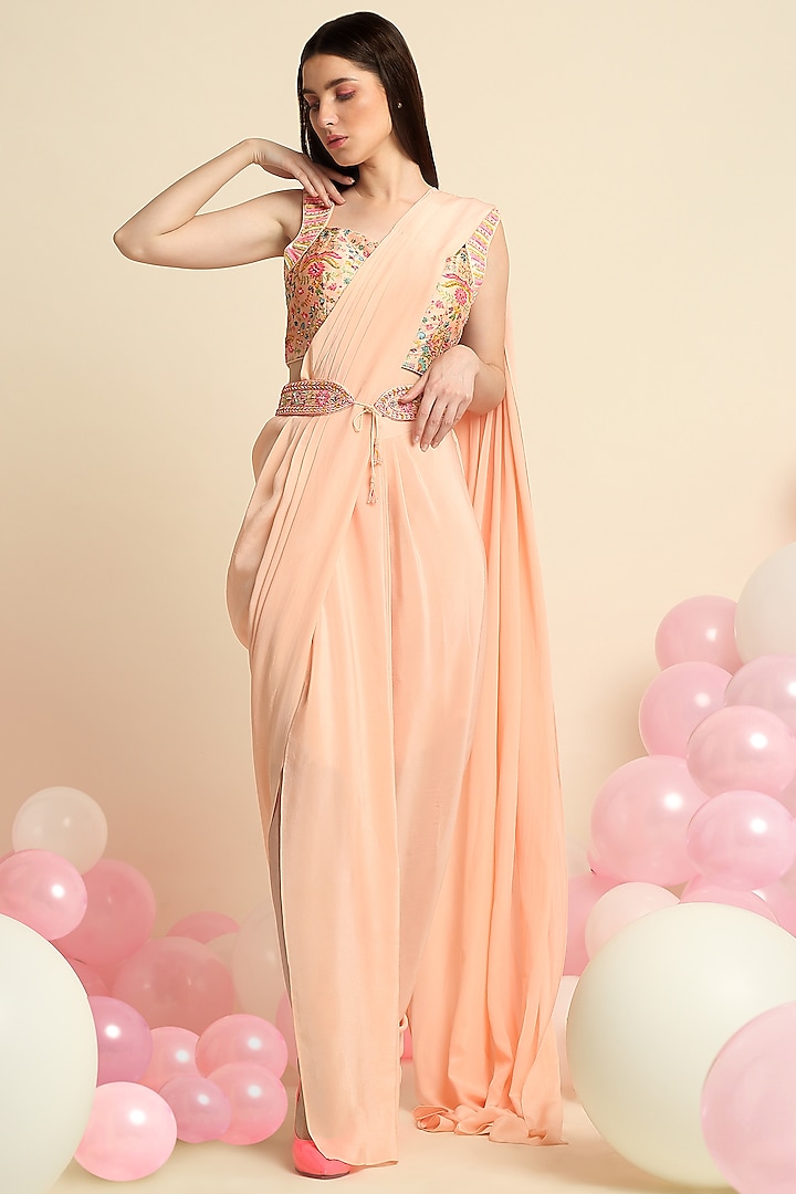 Peach Silk Crepe & Dupion Pre-Draped Saree Set by Priyanka Jain