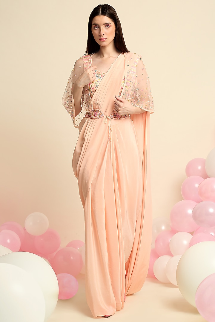Peach Pre-Draped Saree Set With Cape by Priyanka Jain