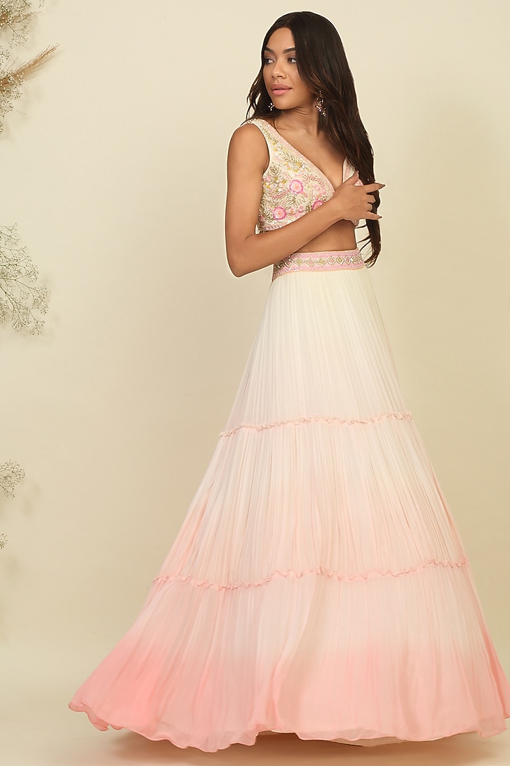 Ivory Georgette & Silk Embroidered Ombre Wedding Lehenga Set by Priyanka Jain at Pernia's Pop Up Shop