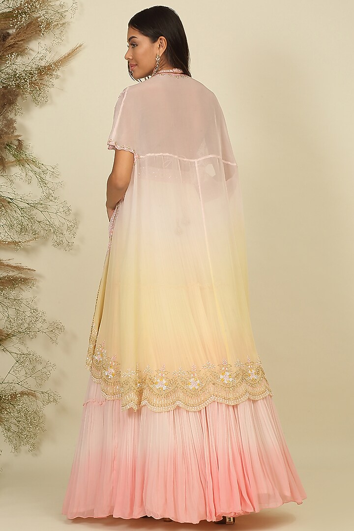 Ivory Georgette & Silk Embroidered Ombre Jacket Wedding Lehenga Set by Priyanka Jain at Pernia's Pop Up Shop