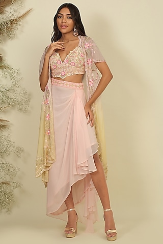 Baby Pink Georgette & Silk Draped Dhoti Set by Priyanka Jain