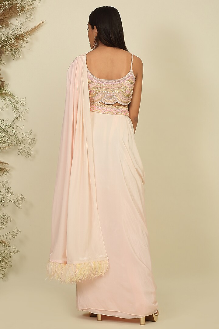 Baby Pink Silk Embroidered Pre-Stitched Wedding Saree Set by Priyanka Jain at Pernia's Pop Up Shop