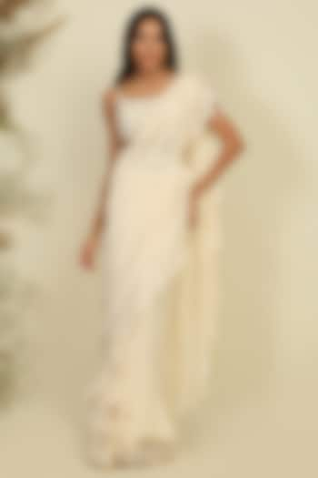 Ivory Silk Pre-Stitched Ruffle Saree Set by Priyanka Jain at Pernia's Pop Up Shop