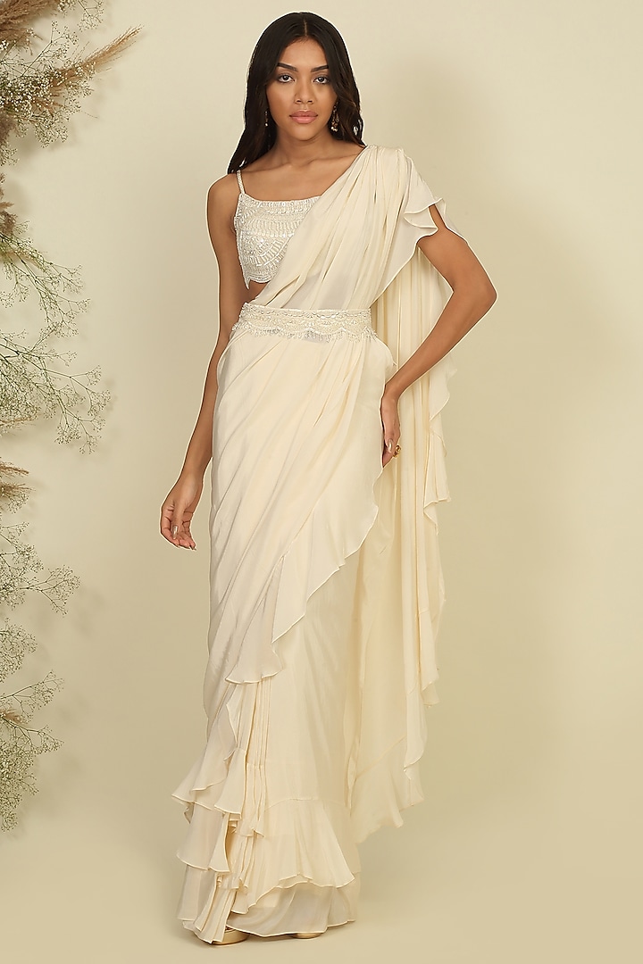 Ivory Silk Pre-Stitched Ruffle Saree Set by Priyanka Jain at Pernia's Pop Up Shop