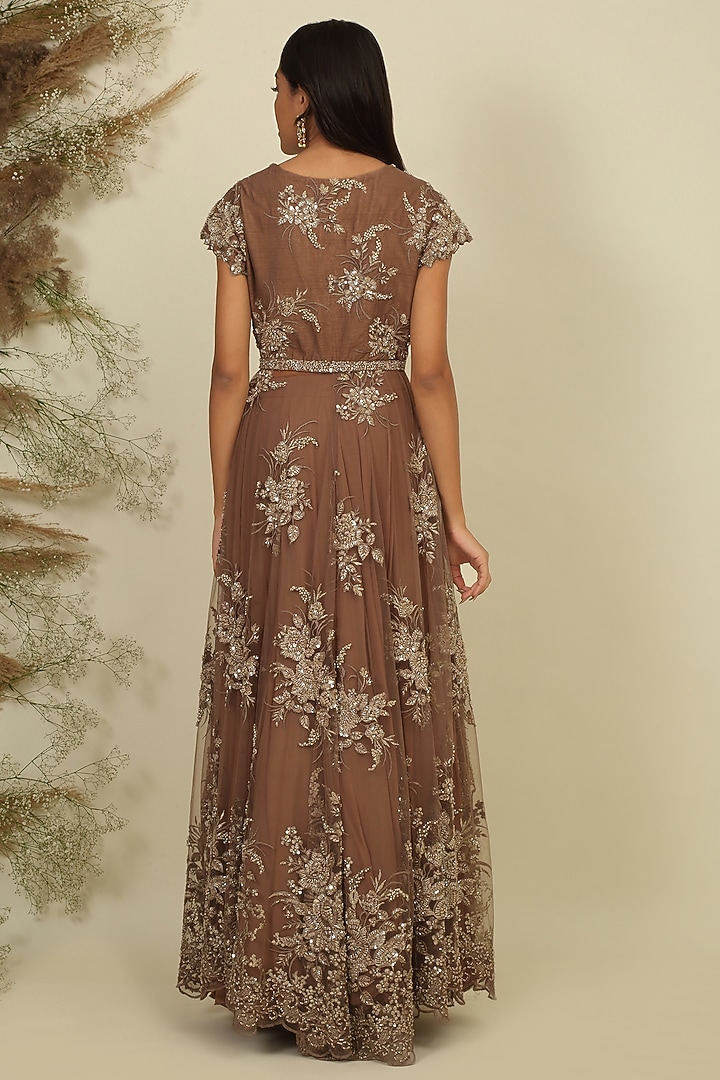 Apricot Net & Georgette Embroidered High-Low Jacket Set by Priyanka Jain at Pernia's Pop Up Shop