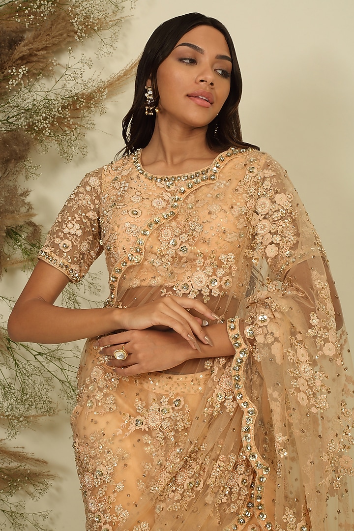 Peach Net Embroidered Pre-Stitched Reception Saree Set by Priyanka Jain at Pernia's Pop Up Shop