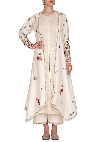 Ivory Embroidered Jacket With Kurta & Palazzo Pants by Priyanka Jain