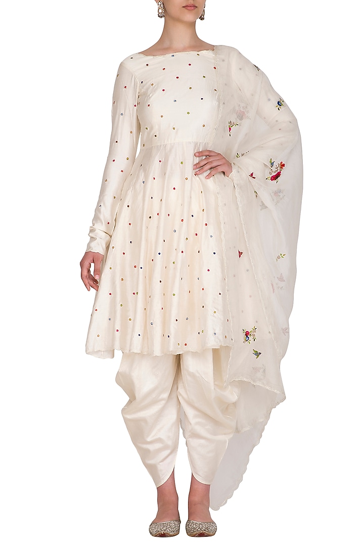 Ivory Polka Dot Embroidered Kurta Set by Priyanka Jain at Pernia's Pop Up Shop