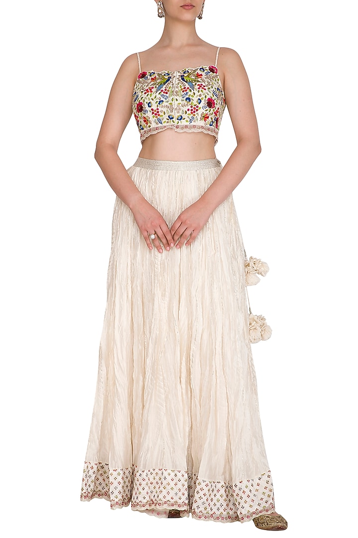Ivory Embroidered Crop Top With Wedding Lehenga Skirt by Priyanka Jain at Pernia's Pop Up Shop