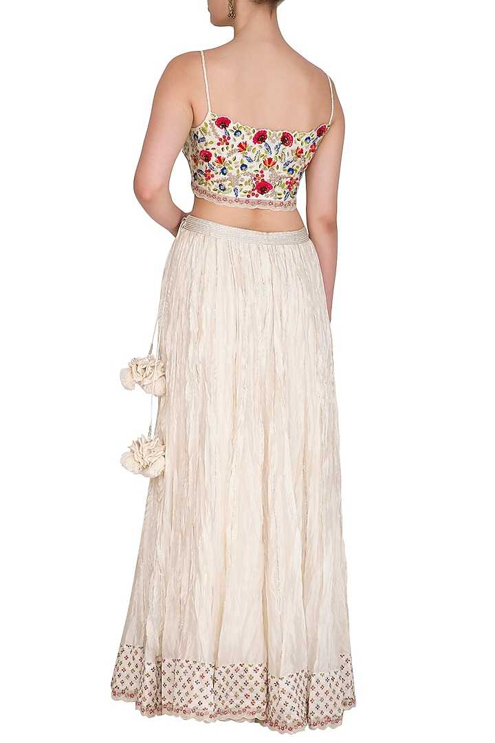 Ivory Embroidered Crop Top With Wedding Lehenga Skirt by Priyanka Jain at Pernia's Pop Up Shop