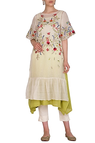 Ivory Embroidered Kurta With Palazzo Pants & Inner by Priyanka Jain
