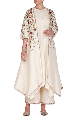 Ivory Embroidered Striped Jacket With Kurta & Palazzo Pants by Priyanka Jain