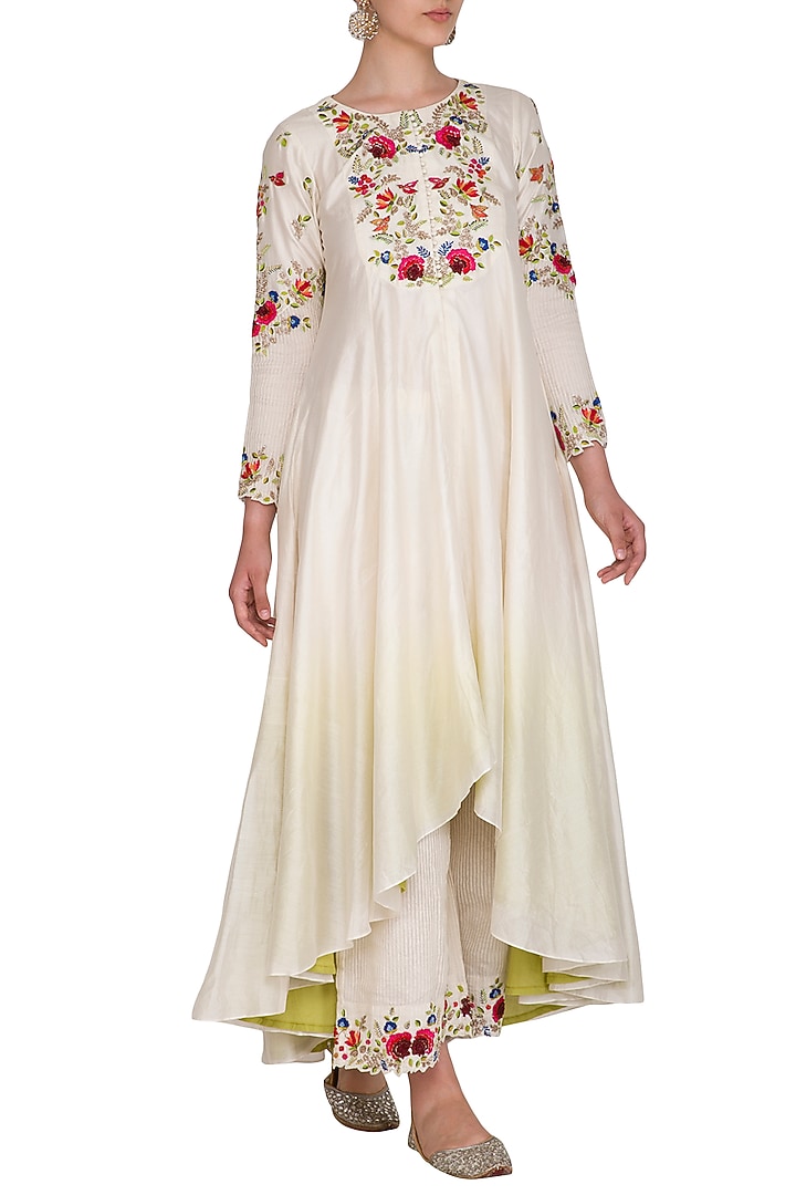 Ivory Embroidered Kurta With Striped Palazzo Pants by Priyanka Jain at Pernia's Pop Up Shop