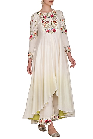 Ivory Embroidered Kurta With Striped Palazzo Pants by Priyanka Jain