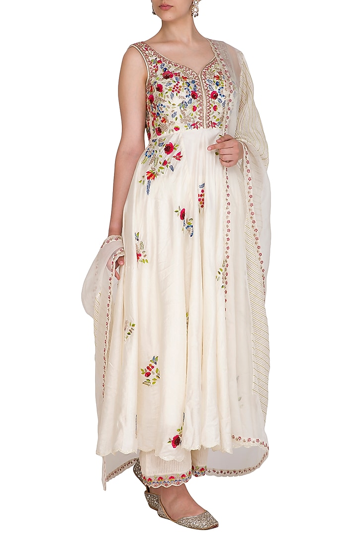 Ivory Embroidered Striped Wedding Anarkali Set by Priyanka Jain at Pernia's Pop Up Shop