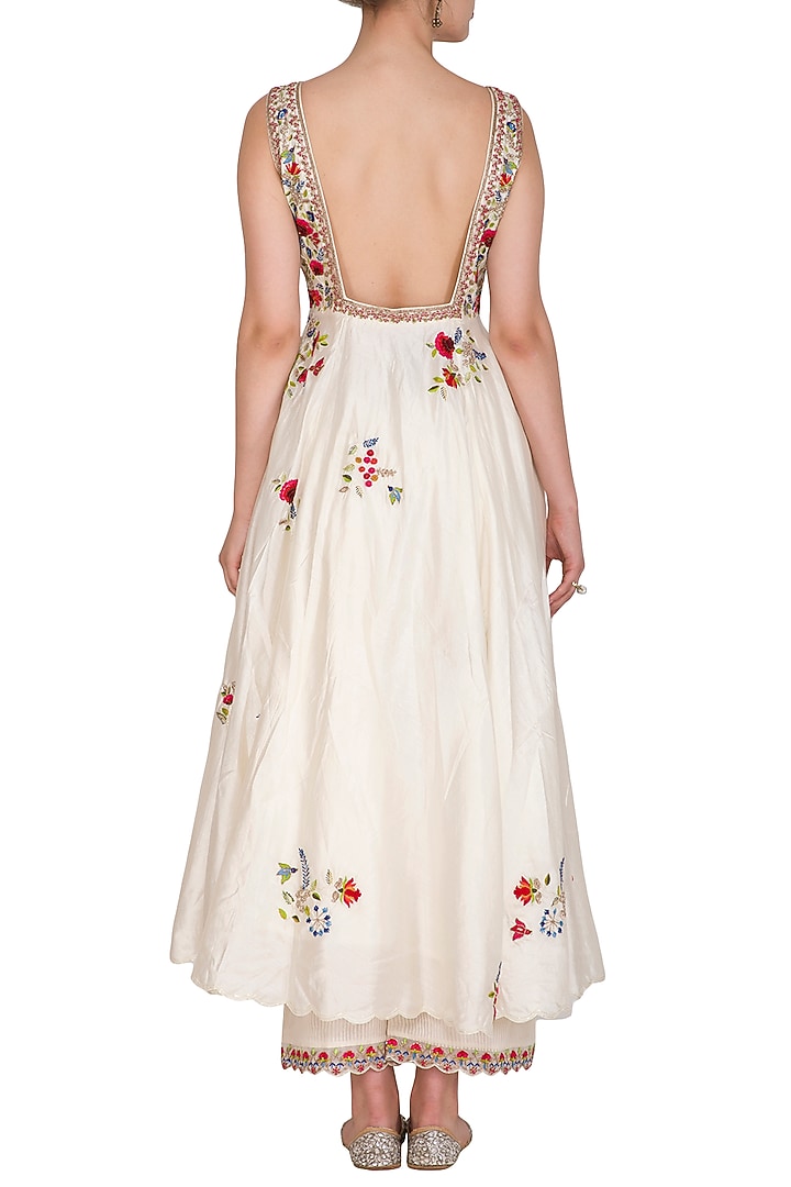 Ivory Embroidered Striped Wedding Anarkali Set by Priyanka Jain at Pernia's Pop Up Shop