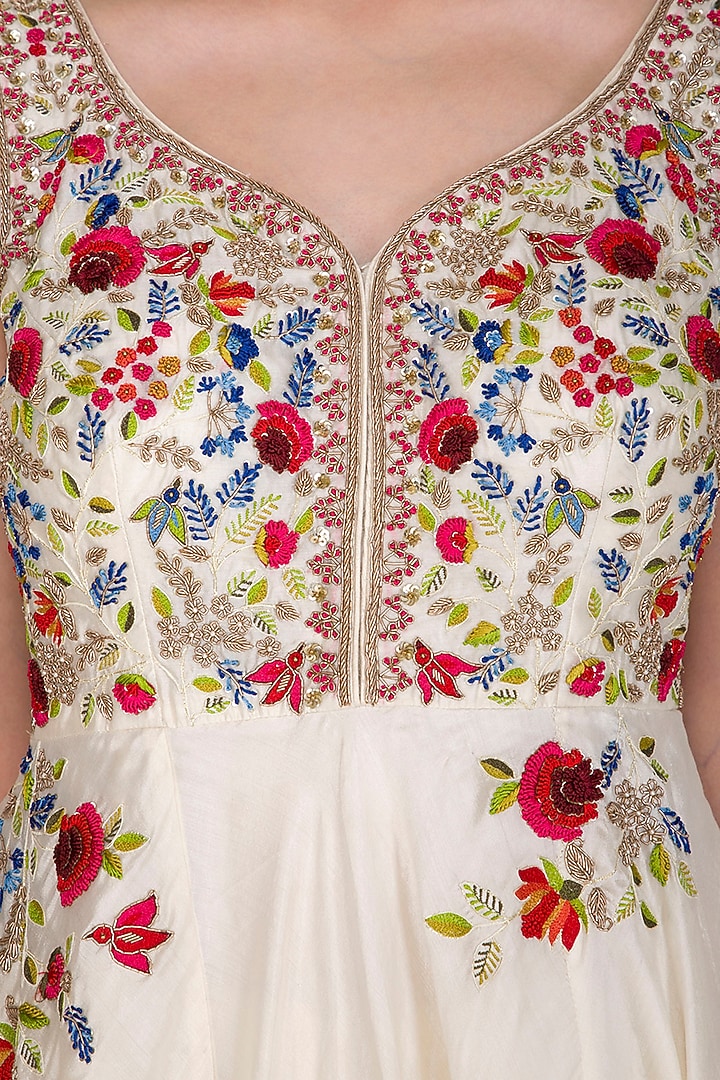 Ivory Embroidered Striped Wedding Anarkali Set by Priyanka Jain at Pernia's Pop Up Shop