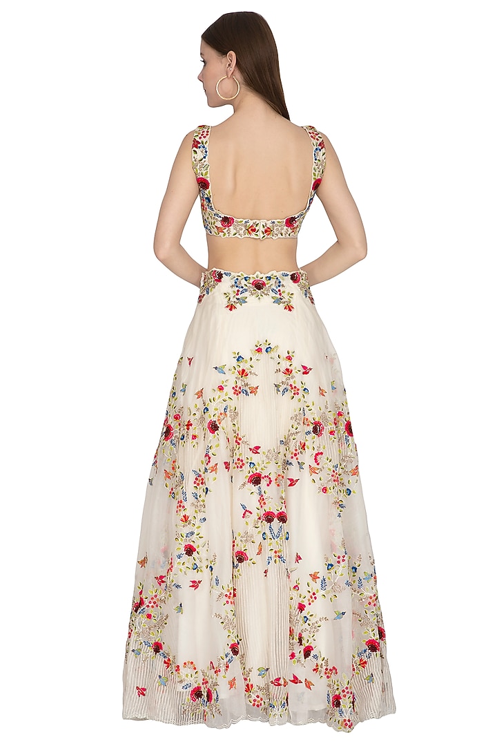 Ivory Striped Embroidered Wedding Lehenga Set by Priyanka Jain at Pernia's Pop Up Shop