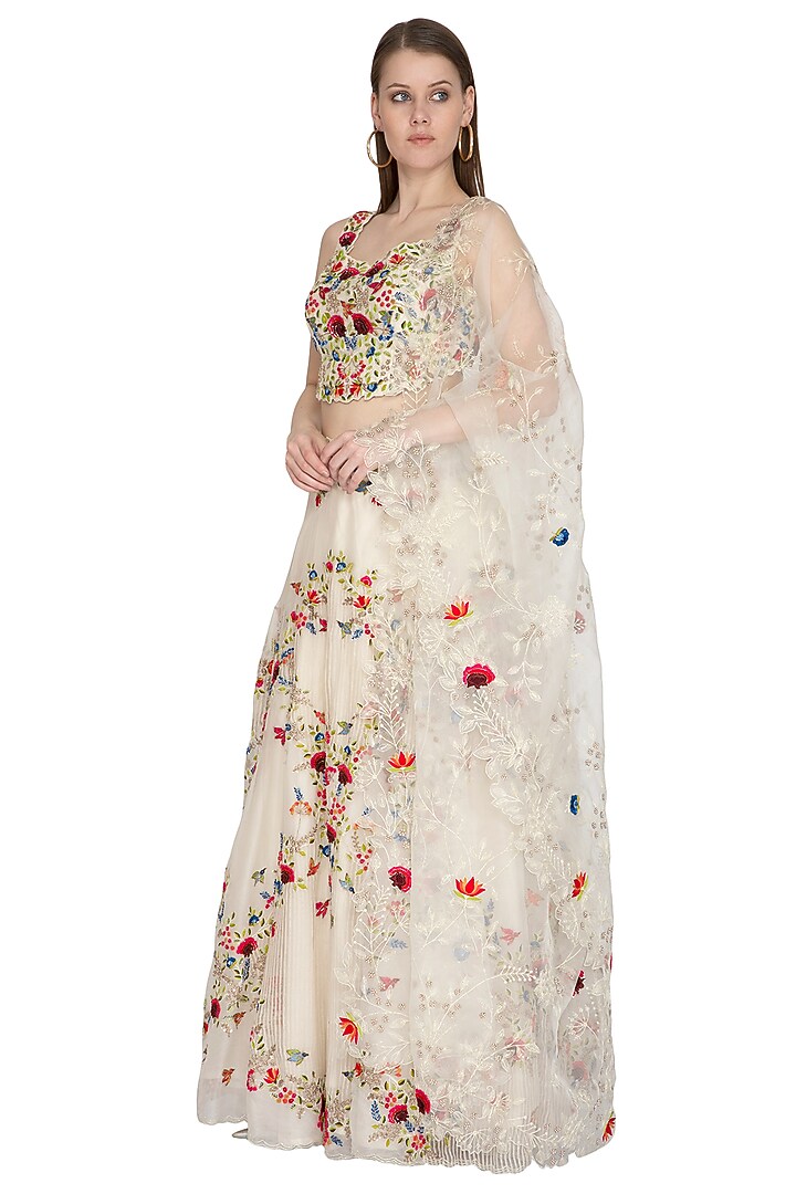 Ivory Striped Embroidered Wedding Lehenga Set by Priyanka Jain at Pernia's Pop Up Shop