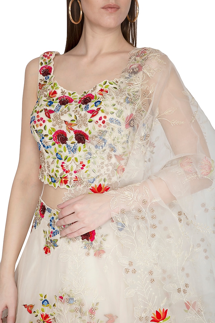 Ivory Striped Embroidered Wedding Lehenga Set by Priyanka Jain at Pernia's Pop Up Shop