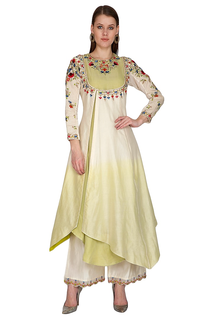 Ivory Embroidered Ombre Dyed Kurta With Palazzo Pants by Priyanka Jain