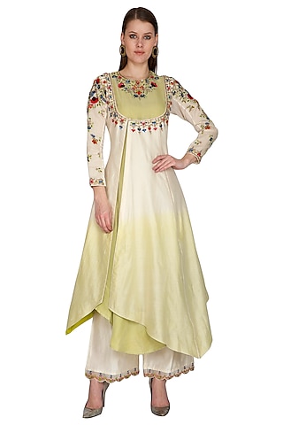 Ivory Embroidered Ombre Dyed Kurta With Palazzo Pants by Priyanka Jain