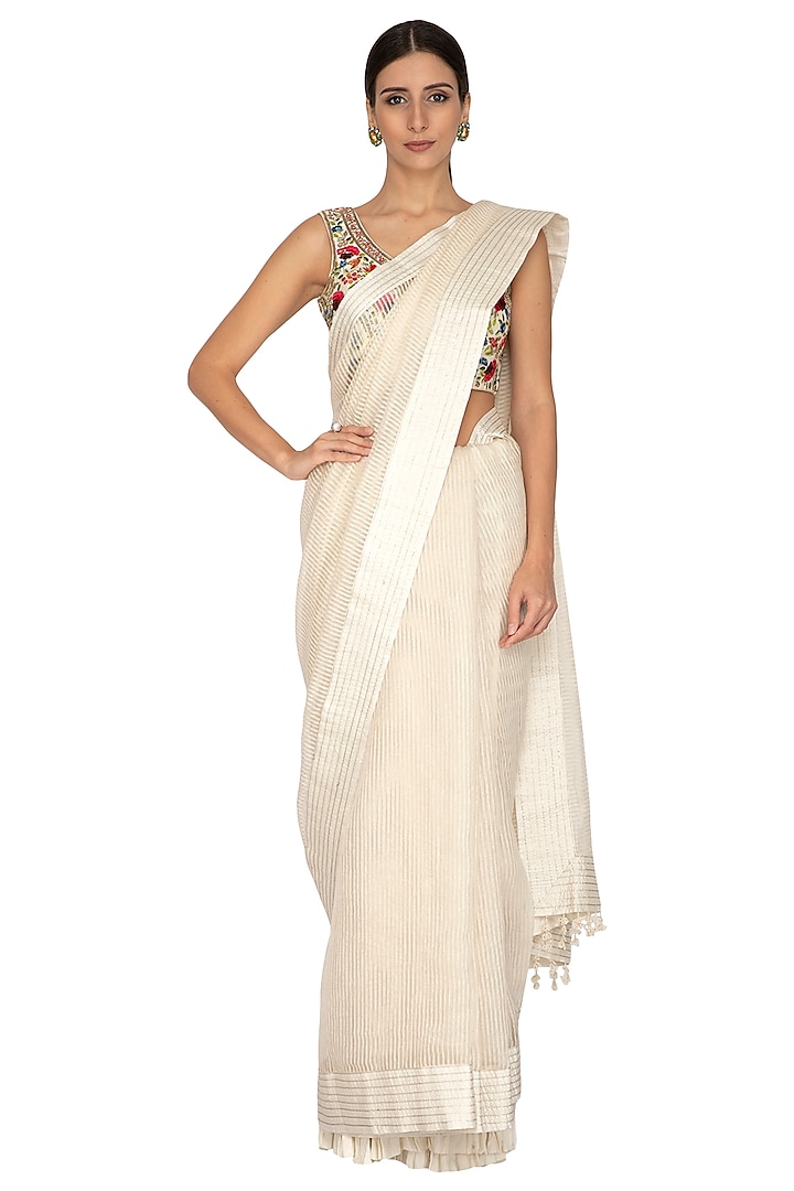 Ivory Embroidered Striped Saree Set by Priyanka Jain