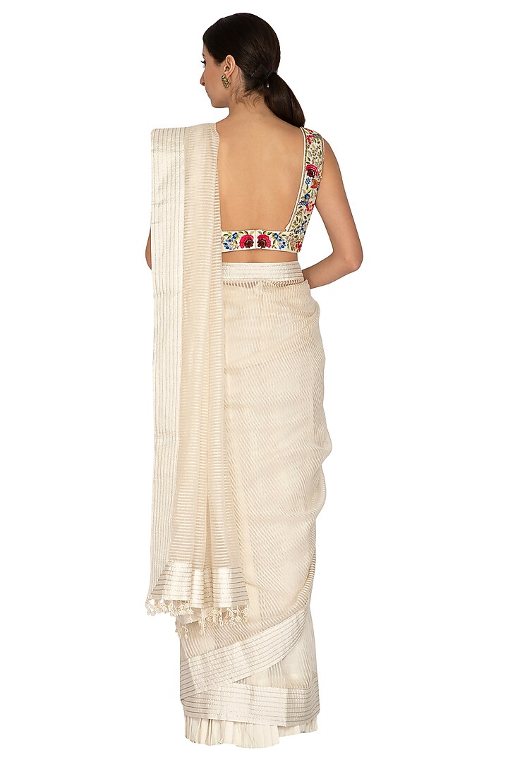 Ivory Embroidered Striped Wedding Saree Set by Priyanka Jain at Pernia's Pop Up Shop