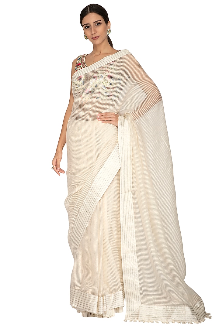 Ivory Embroidered Striped Wedding Saree Set by Priyanka Jain at Pernia's Pop Up Shop