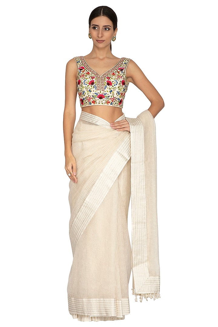 Ivory Embroidered Striped Wedding Saree Set by Priyanka Jain at Pernia's Pop Up Shop