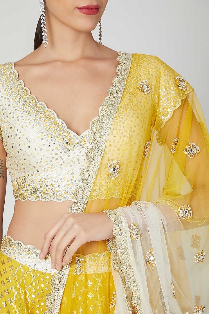Mustard & Ivory Embellished Wedding Lehenga Set by Priyanka Jain at Pernia's Pop Up Shop