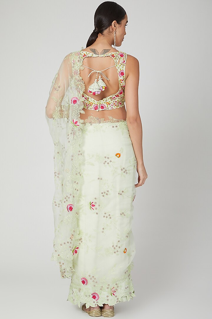 Turquoise Embroidered Wedding Saree Set by Priyanka Jain at Pernia's Pop Up Shop