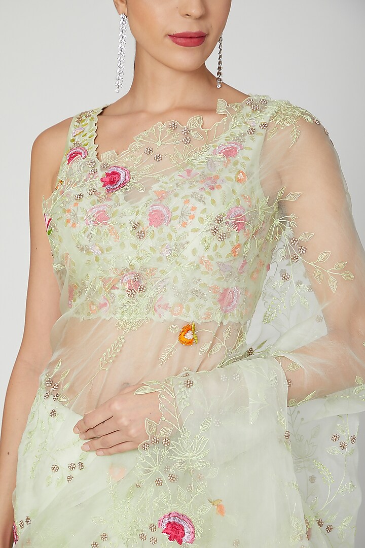 Turquoise Embroidered Wedding Saree Set by Priyanka Jain at Pernia's Pop Up Shop