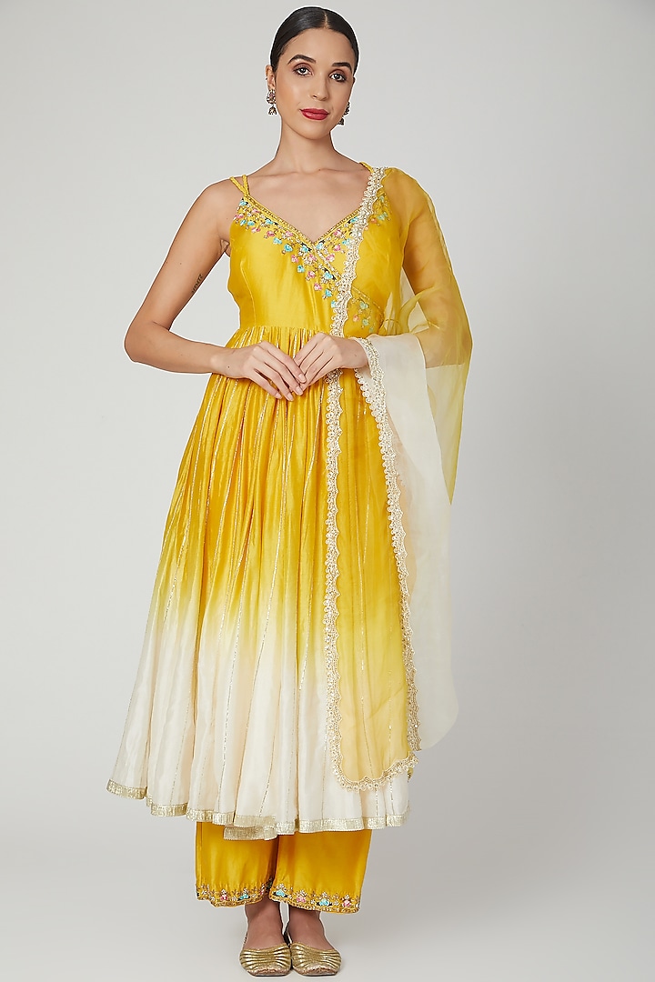 Mustard Embroidered Wedding Anarkali Set by Priyanka Jain at Pernia's Pop Up Shop