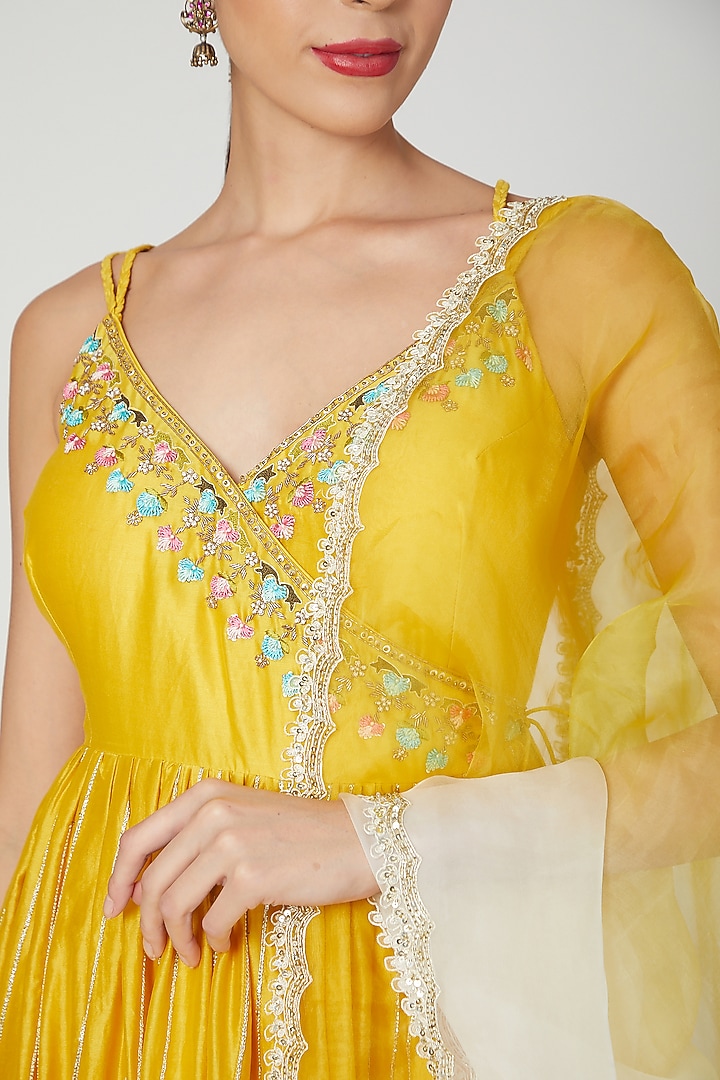 Mustard Embroidered Wedding Anarkali Set by Priyanka Jain at Pernia's Pop Up Shop