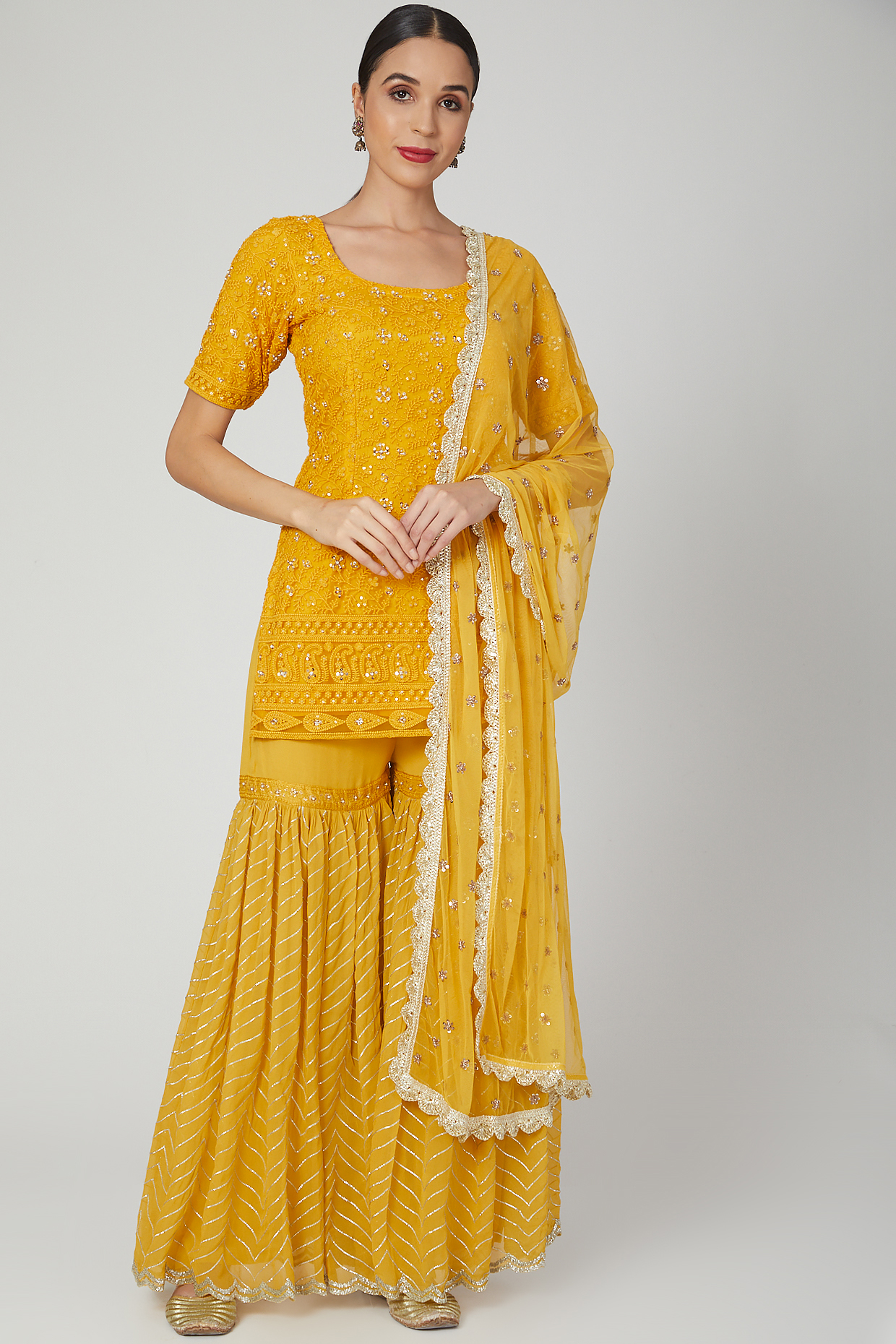 Mustard Embroidered Wedding Sharara Set by Priyanka Jain at Pernia's Pop Up Shop