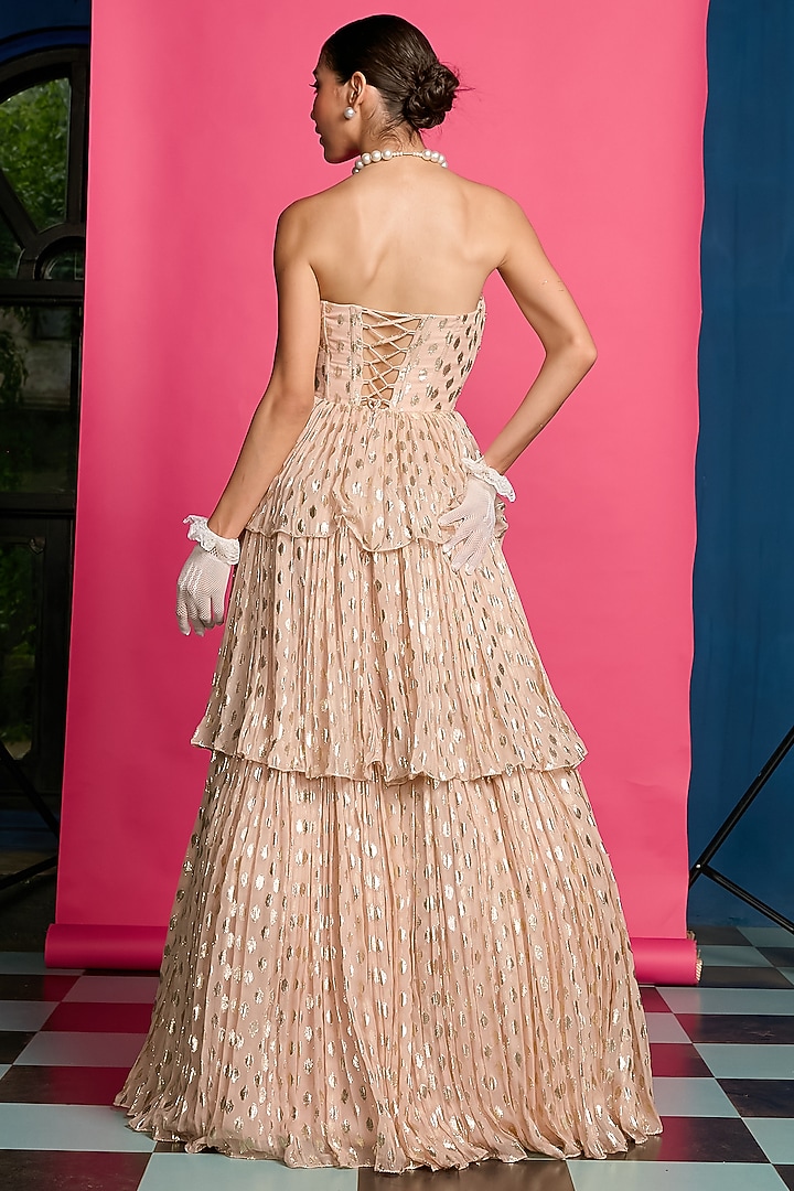 Gold Shimmer Tiered Flared Engagement Gown by Priyanka Jain at Pernia's Pop Up Shop