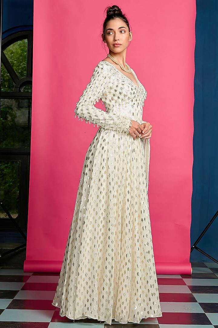 Ivory Georgette Bead & Pearl Embroidered Wedding Anarkali Set by Priyanka Jain at Pernia's Pop Up Shop