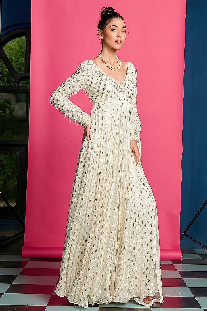 Ivory Georgette Bead & Pearl Embroidered Wedding Anarkali Set by Priyanka Jain at Pernia's Pop Up Shop