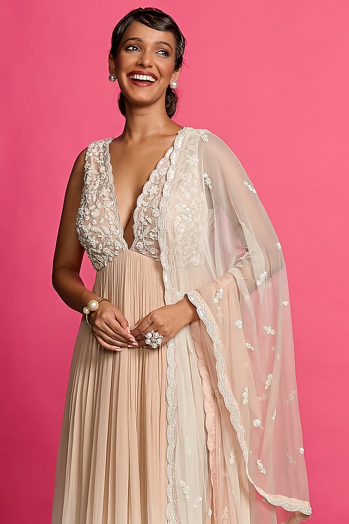 Ivory & Nude Georgette Bead & Pearl Embroidered Ombre Dyed Wedding Anarkali Set by Priyanka Jain at Pernia's Pop Up Shop