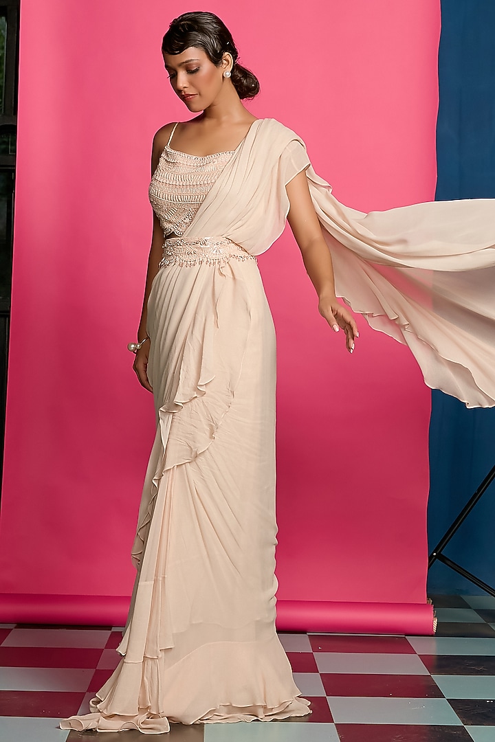 Blush Pink Georgette Ruffled Wedding Saree Set by Priyanka Jain at Pernia's Pop Up Shop
