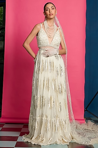 Ivory Georgette Bead & Pearl Embroidered Convertible Anarkali Gown by Priyanka Jain