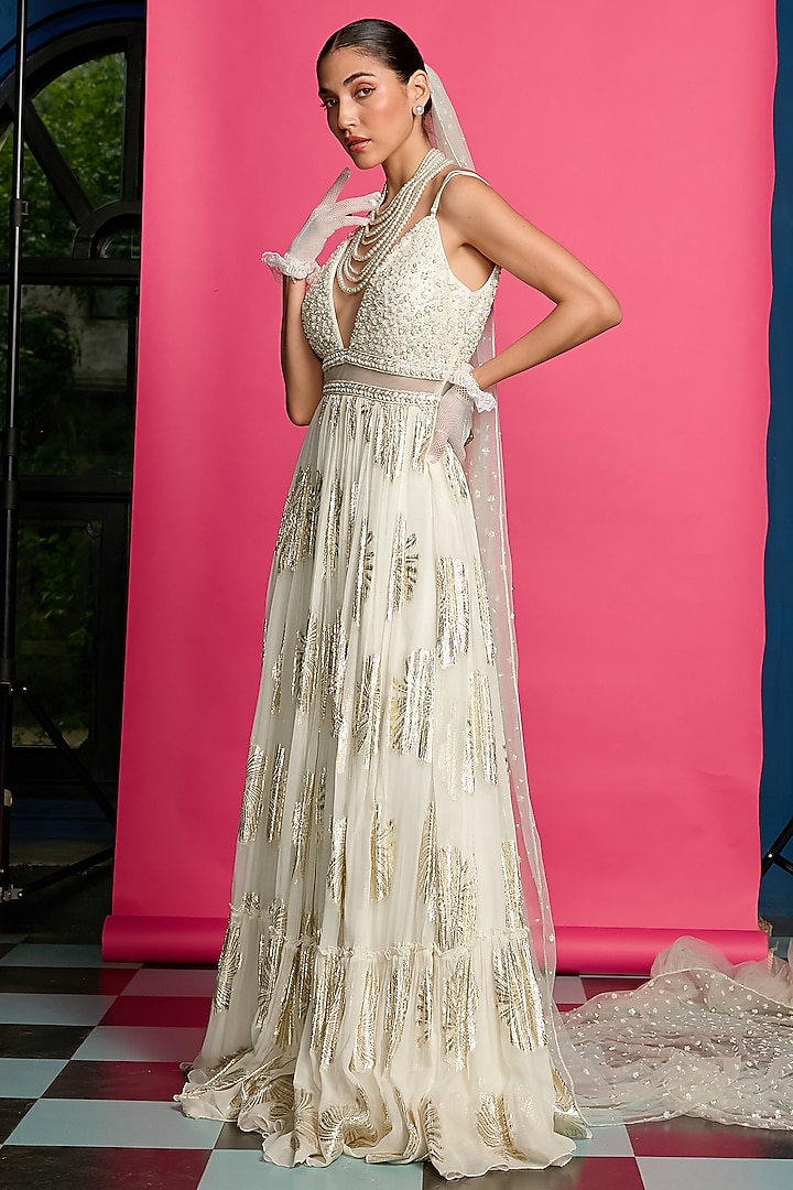 Ivory Georgette Bead & Pearl Embroidered Convertible Anarkali Engagement Gown by Priyanka Jain at Pernia's Pop Up Shop