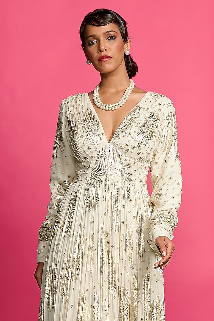Ivory Georgette 3D Sequins Embroidered Wedding Anarkali Set by Priyanka Jain at Pernia's Pop Up Shop