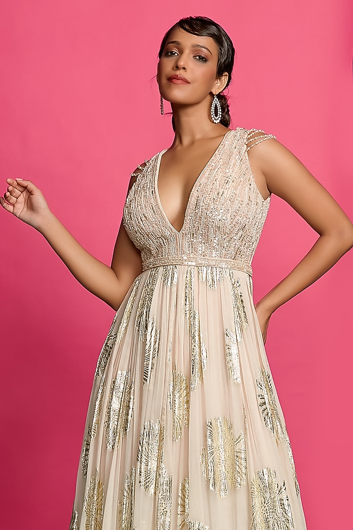 Peach Shimmer Beads & Sequins Embroidered Wedding Anarkali Set by Priyanka Jain at Pernia's Pop Up Shop